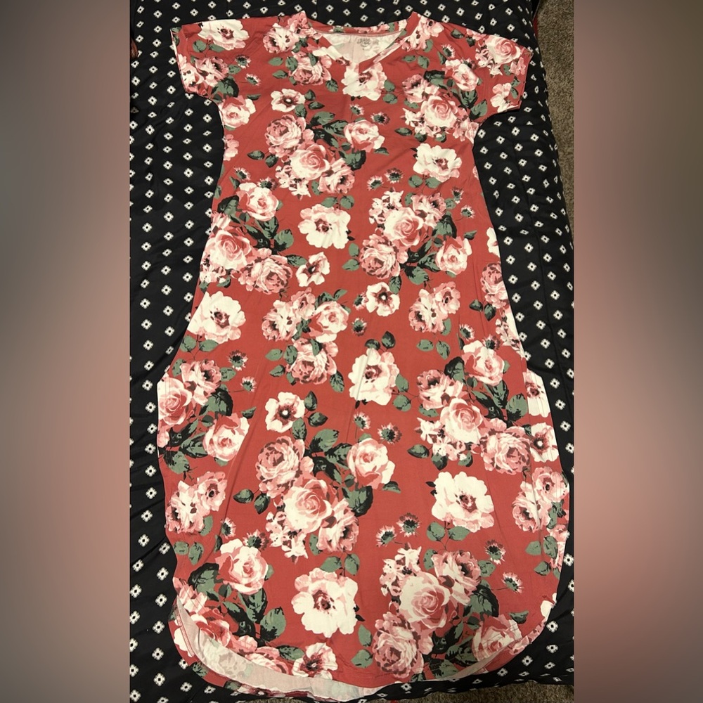 Tickled Teal Pink Floral Dress w/ pockets- size l